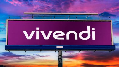 POZNAN, POL - 7 MAR 2023: Paris merkezli bir Fransız kitle iletişim şirketi olan Vivendi 'nin logosunu gösteren reklam panosu