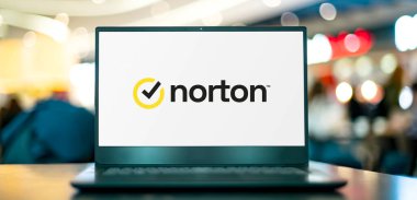 POZNAN, POL - APR 7, 2022: Laptop computer displaying logo of Norton AntiVirus, an anti-virus or anti-malware software product, developed and distributed by Symantec Corporation