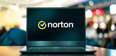 POZNAN, POL - APR 7, 2022: Laptop computer displaying logo of Norton AntiVirus, an anti-virus or anti-malware software product, developed and distributed by Symantec Corporation