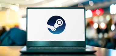 POZNAN, POL - APR 7, 2022: Buhar 'ın logosunu gösteren dizüstü bilgisayar, Valf tarafından bir video oyunu dijital dağıtım hizmeti