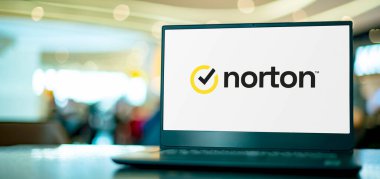 POZNAN, POL - APR 7, 2022: Laptop computer displaying logo of Norton AntiVirus, an anti-virus or anti-malware software product, developed and distributed by Symantec Corporation