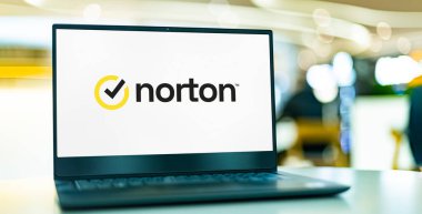 POZNAN, POL - APR 7, 2022: Laptop computer displaying logo of Norton AntiVirus, an anti-virus or anti-malware software product, developed and distributed by Symantec Corporation