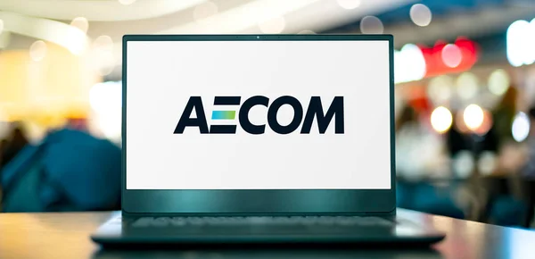 Poznan Pol Apr 2023 Комп Ютер Laptop Демонструє Логотип Aecom — стокове фото