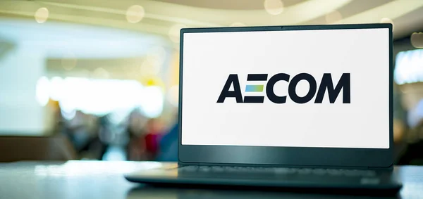Poznan Pol Apr 2023 Bärbar Dator Med Logotyp För Aecom — Stockfoto