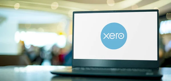 stock image POZNAN, POL - APR 7, 2022: Laptop computer displaying logo of Xero, a New Zealand technology company, offering a cloud-based accounting software platform for small and medium-sized businesses