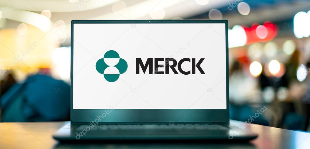 POZNAN, POL - OCT 28, 2022: Laptop computer displaying logo of Merck, a multinational pharmaceutical company headquartered in Rahway, New Jersey, US
