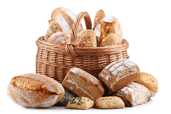Wicker Basket Bakery Products Including Loaves Bread Rolls — Zdjęcie stockowe