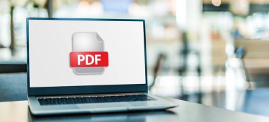 Laptop computer displaying the icon of PDF file clipart