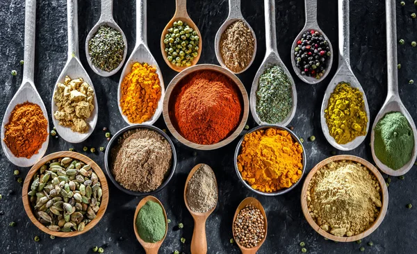 stock image Composition with assortment of spices and herbs.