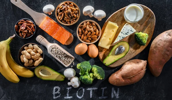 Food Products Rich Biotin Recommended Dietary Supplement Healthy Skin Hair — Stockfoto