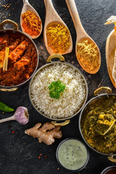 Composition Indian Dishes Madras Paneer Palak Paneer Shahi Paneer Basmati — Stock Photo, Image