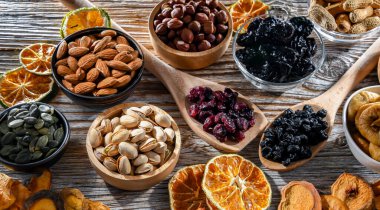 Composition with a variety of dried fruits and assorted nuts. Delicacies.