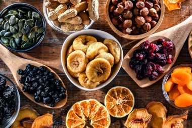 Composition with a variety of dried fruits and assorted nuts. Delicacies.