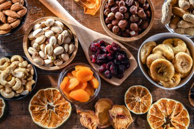 Composition with a variety of dried fruits and assorted nuts. Delicacies.