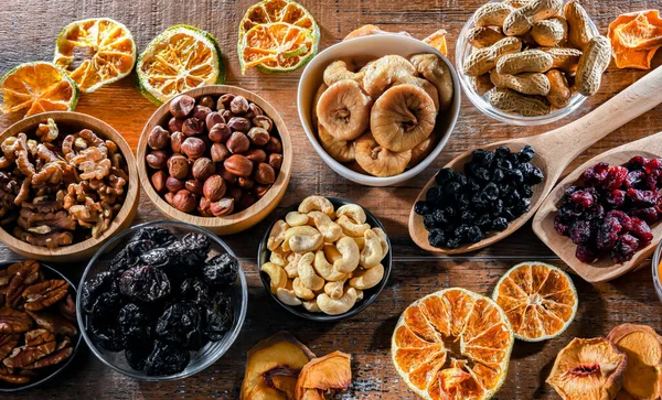 Composition Variety Dried Fruits Assorted Nuts Delicacies — Stockfoto
