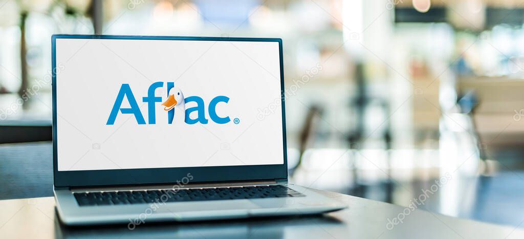 POZNAN, POL - JUN 9, 2023: Laptop computer displaying logo of Aflac, an insurance company and the largest provider of supplemental insurance in the USA