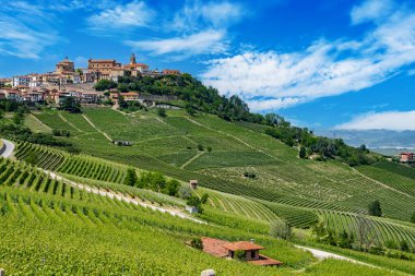La Morra 'nın Cuneo, Piedmont, İtalya' daki panoramik manzarası.