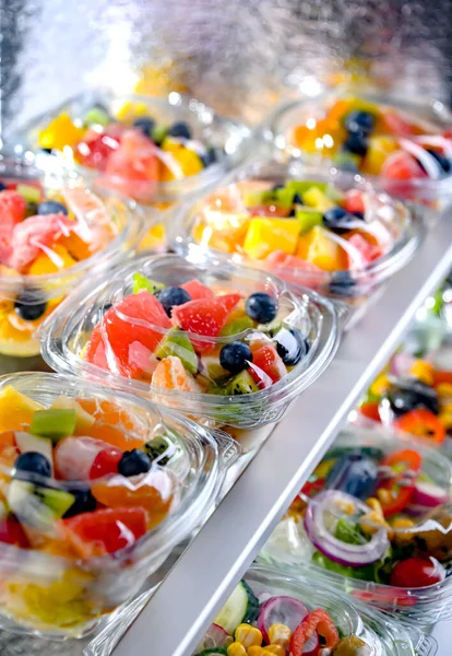 Plastic Boxes Pre Packaged Fruit Salads Put Sale Commercial Refrigerator — Foto Stock