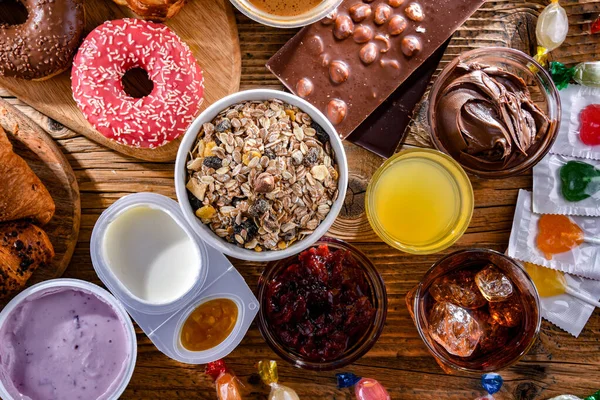Produtos Alimentares Que Contenham Uma Quantidade Significativa Açúcar Comida Plástico — Fotografia de Stock