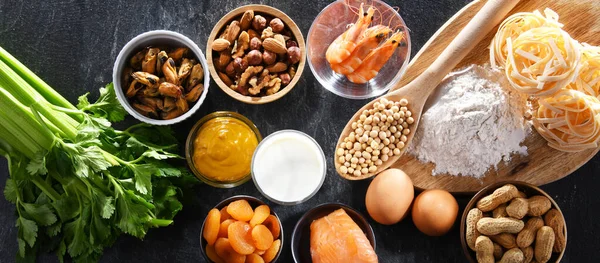 Composição Com Alergénios Alimentares Comuns Incluindo Ovo Leite Soja Nozes — Fotografia de Stock