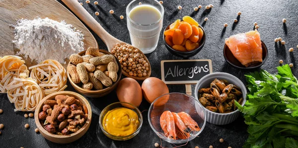 Composição Com Alergénios Alimentares Comuns Incluindo Ovo Leite Soja Nozes — Fotografia de Stock