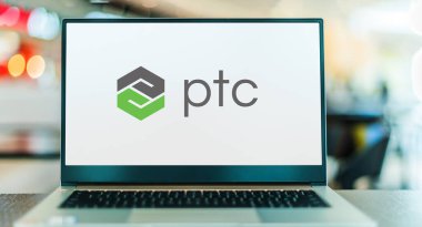 POZNAN, POL - DEC 28, 2022: Laptop computer displaying logo of PTC, a computer software and services company founded in 1985 and headquartered in Boston, Massachusetts, USA