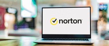 POZNAN, POL - APR 7, 2022: Laptop computer displaying logo of Norton AntiVirus, an anti-virus or anti-malware software product, developed and distributed by Symantec Corporation