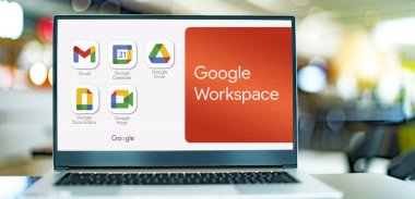 POZNAN, POL - JUL 20, 2022: Laptop computer displaying logo of Google Workspace, a collection of cloud computing, productivity and collaboration tools, software and products by Google