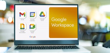 POZNAN, POL - JUL 20, 2022: Laptop computer displaying logo of Google Workspace, a collection of cloud computing, productivity and collaboration tools, software and products by Google