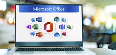 POZNAN, POL - JUN 28, 2022: Laptop computer displaying logos of Microsoft Office, a family of client software, server software, and services developed by Microsoft