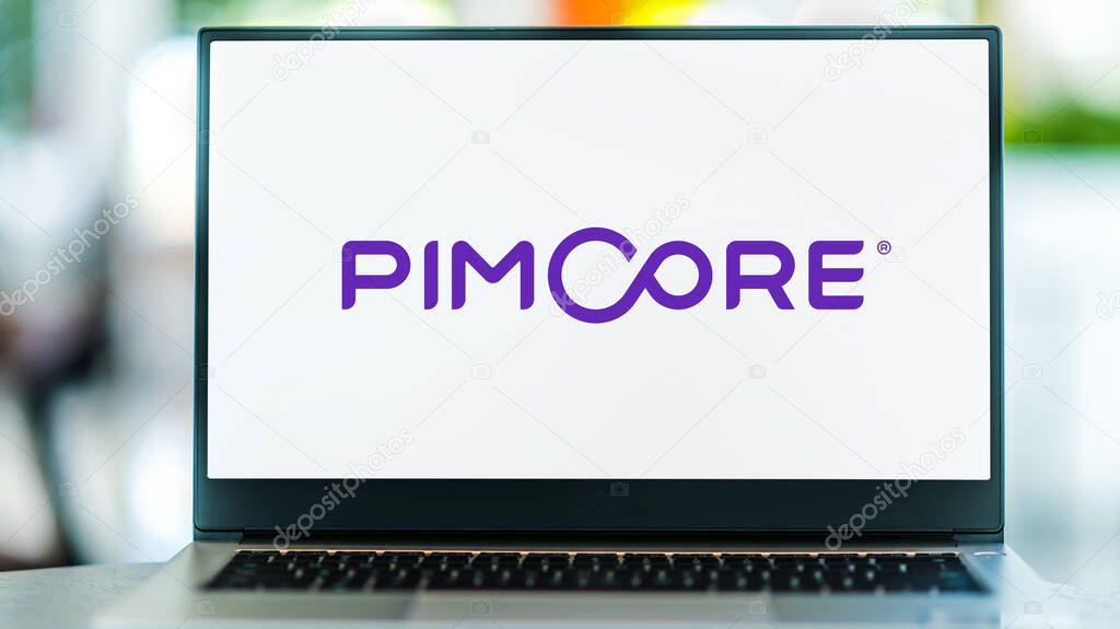 POZNAN, POL - DEC 8, 2021: Laptop computer displaying logo of Pimcore, an open-source enterprise PHP software platform