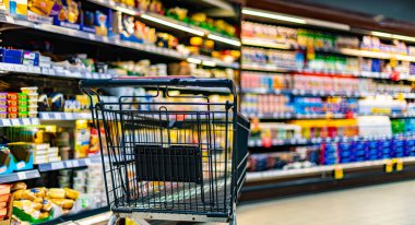 A shopping cart by a store shelf in a supermarket clipart