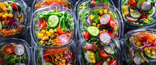Plastlådor Med Färdigförpackade Grönsakssallader Till Salu Kylskåp — Stockfoto