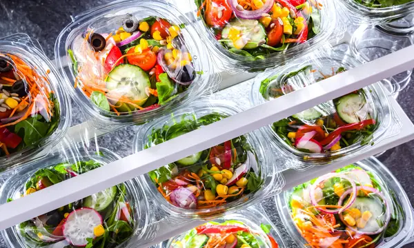 Cajas Plástico Con Ensaladas Verduras Preenvasadas Puestas Venta Refrigerador Comercial — Foto de Stock