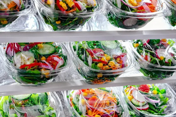 Plastic Boxes Pre Packaged Vegetable Salads Put Sale Commercial Refrigerator — Stock Photo, Image