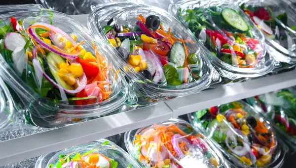 Plastlådor Med Färdigförpackade Grönsakssallader Till Salu Kylskåp — Stockfoto