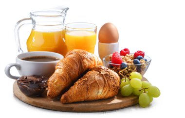 Breakfast served with coffee, orange juice, egg, cereals and croissants isolated on white clipart