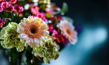 Bir buket taze kesilmiş çiçekle kompozisyon.