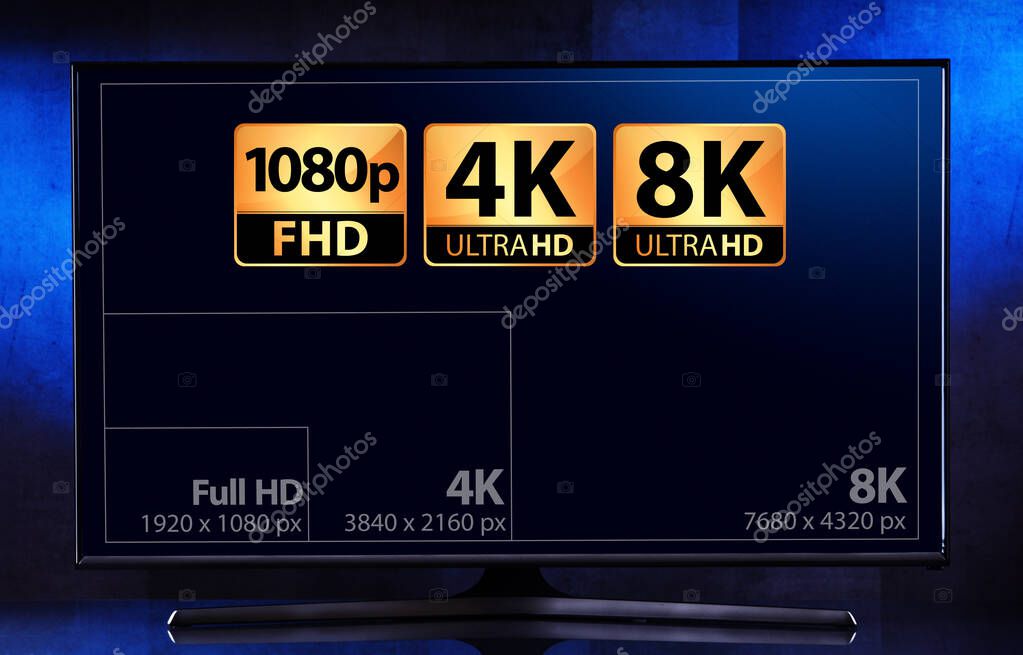 A flat-screen TV set showing 3 popular display resolutions