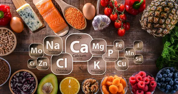 Composición Con Productos Alimenticios Principales Minerales Esenciales Para Cuerpo Humano — Foto de Stock
