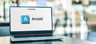 POZNAN, POL - 24 DEC 2023: Autodesk Arnold 'un logosunu gösteren dizüstü bilgisayar, küresel aydınlatma yazılımı