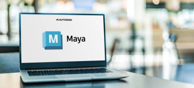 POZNAN, POL - DEC 24, 2023: Autodesk Maya 'nın logosunu gösteren dizüstü bilgisayar, Alias Systems Corporation tarafından geliştirilen bir 3D grafik uygulaması