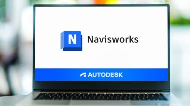POZNAN, POL - 24 DEC 2023: Navisworks 'ün logosunu gösteren dizüstü bilgisayar, Microsoft Windows için bir 3D tasarım inceleme paketi. 