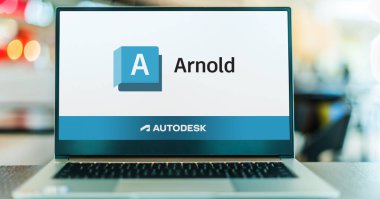 POZNAN, POL - 24 DEC 2023: Autodesk Arnold 'un logosunu gösteren dizüstü bilgisayar, küresel aydınlatma yazılımı