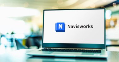 POZNAN, POL - 24 DEC 2023: Navisworks 'ün logosunu gösteren dizüstü bilgisayar, Microsoft Windows için bir 3D tasarım inceleme paketi. 