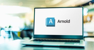 POZNAN, POL - 24 DEC 2023: Autodesk Arnold 'un logosunu gösteren dizüstü bilgisayar, küresel aydınlatma yazılımı