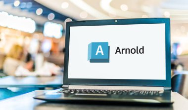 POZNAN, POL - 24 DEC 2023: Autodesk Arnold 'un logosunu gösteren dizüstü bilgisayar, küresel aydınlatma yazılımı