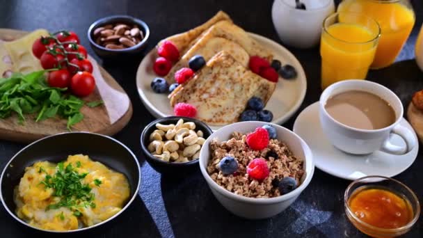 Breakfast Served Coffee Orange Juice Scrambled Eggs Cereals Pancakes Croissants — Stock Video