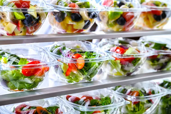 Plastlådor Med Färdigförpackade Frukt Och Grönsakssallader Förpackade För Försäljning Kylskåp — Stockfoto