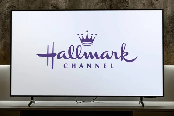 Poznan Pol Dec 2023 Telewizor Płaskim Ekranem Wyświetlający Logo Hallmark — Zdjęcie stockowe
